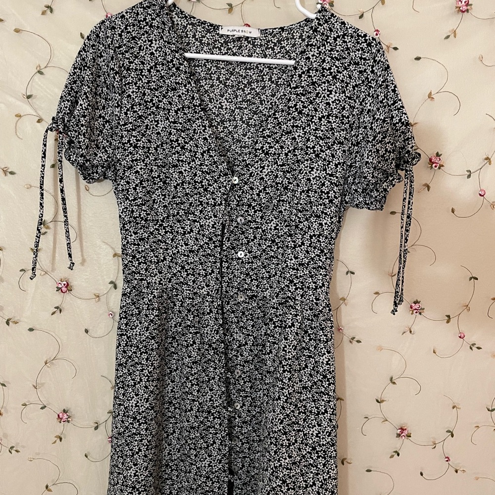 Black and white floral button up dress